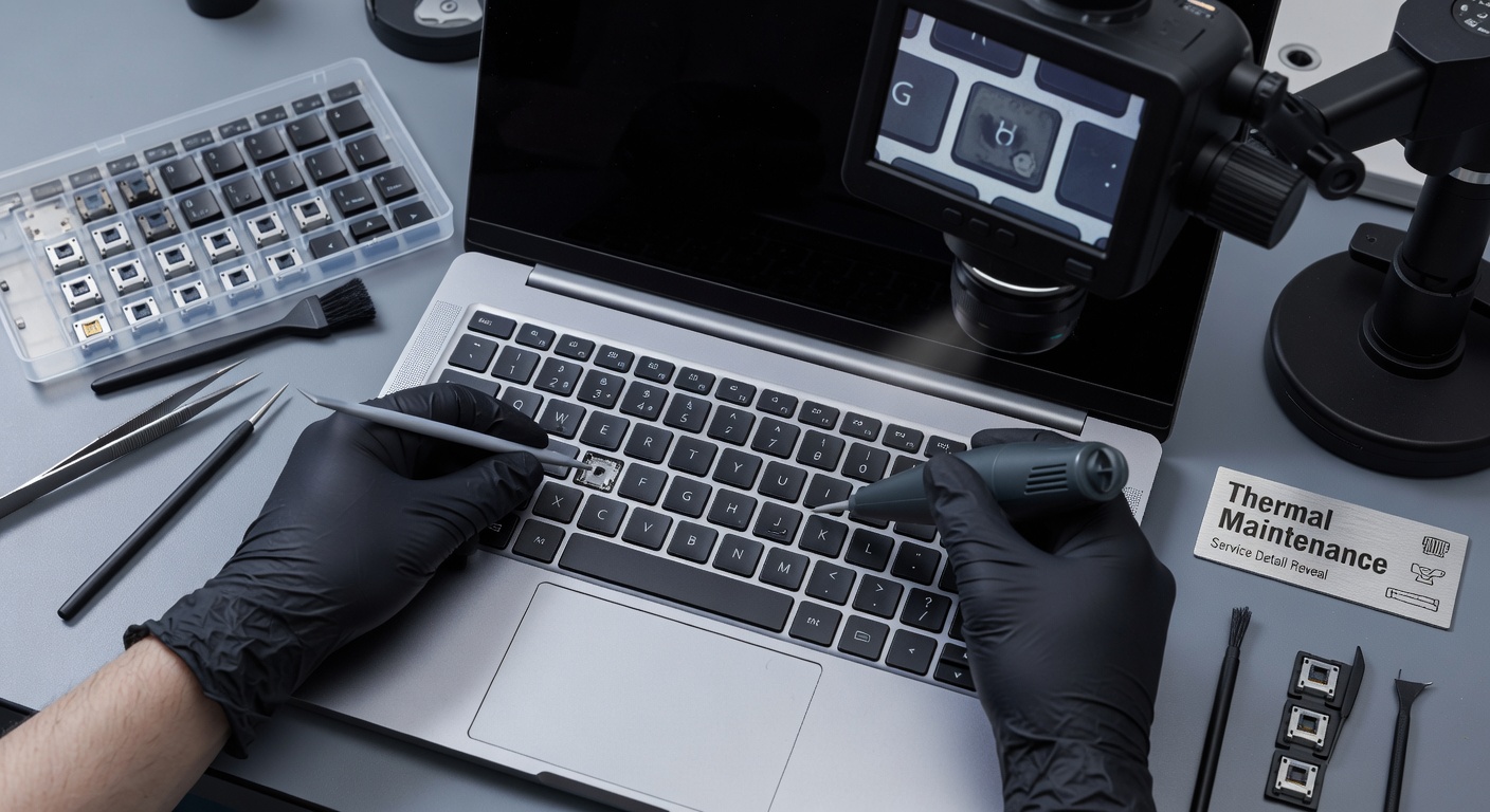 Laptop keyboard being cleaned with specialized tools