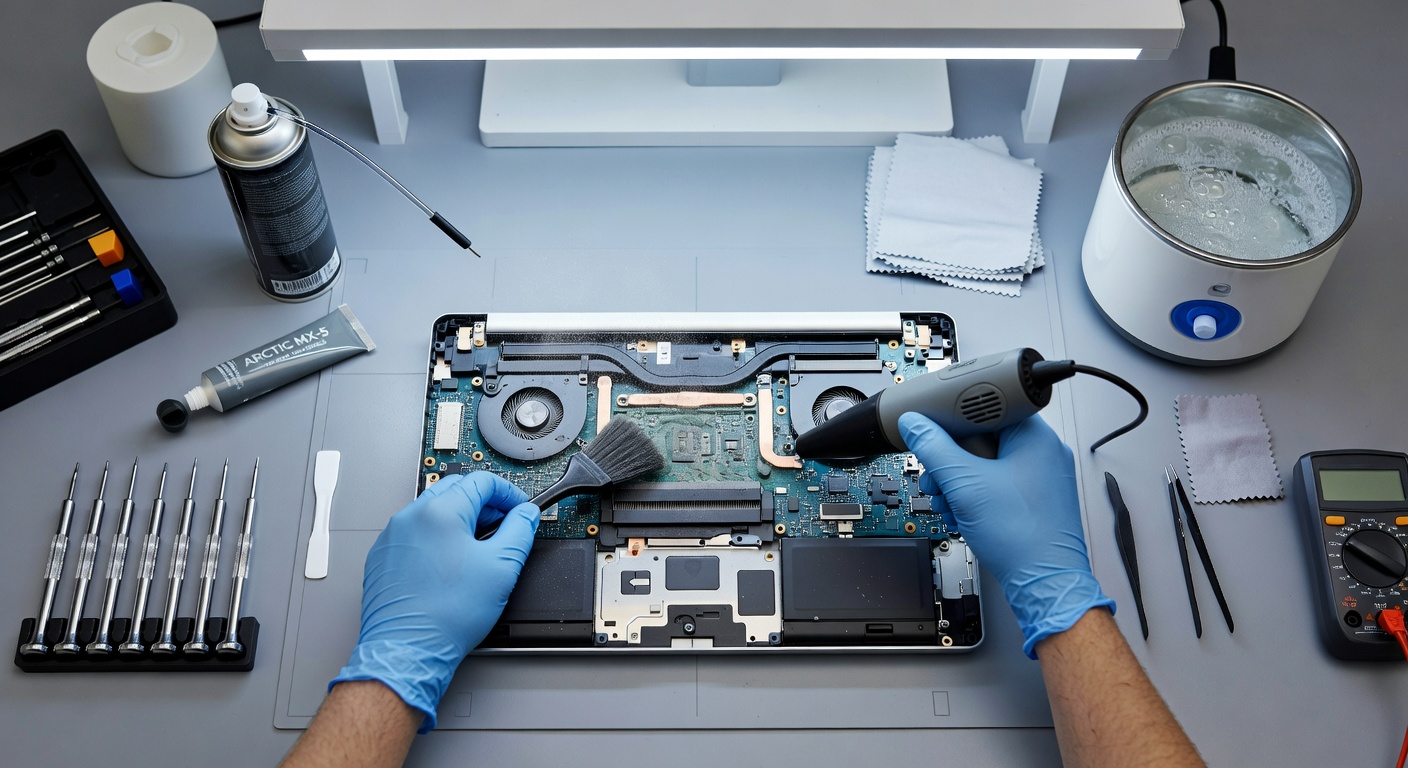 Professional laptop deep cleaning and thermal maintenance service setup