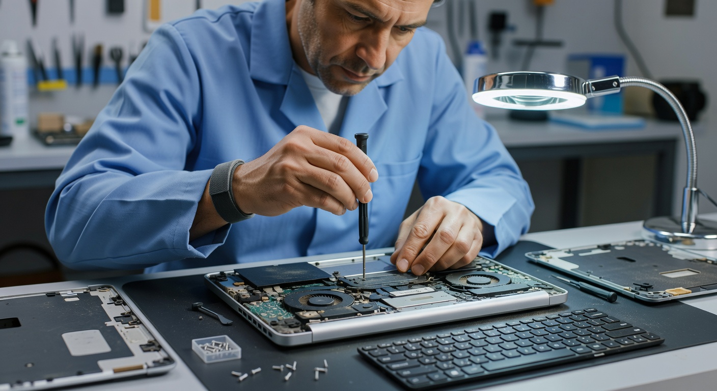 Technician disassembling a laptop for deep cleaning